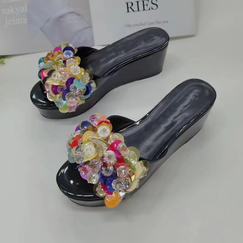Pink Rhinestone Sandals Woman Open Toe Gold Red Strange Platform Wedges High Heels For Women Party Shoes