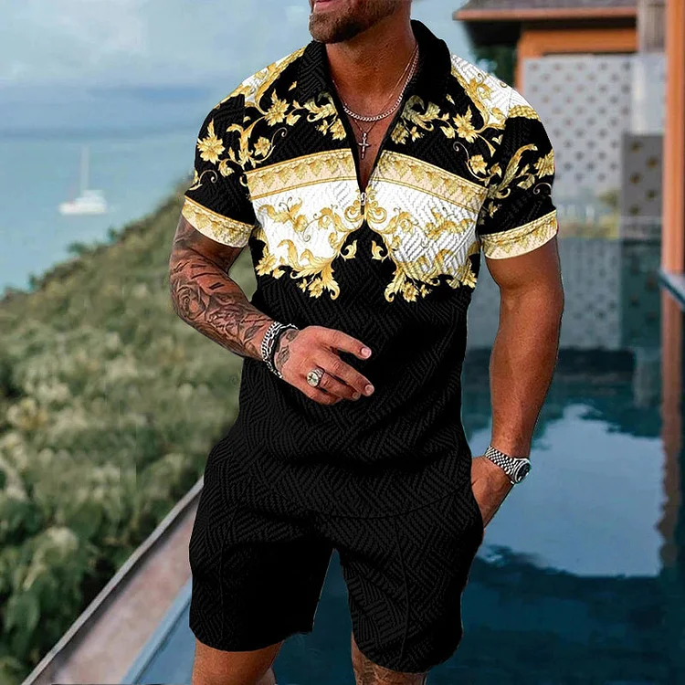 Broswear European Carved Pattern Stitching Polo Shirt And Shorts Co-Ord