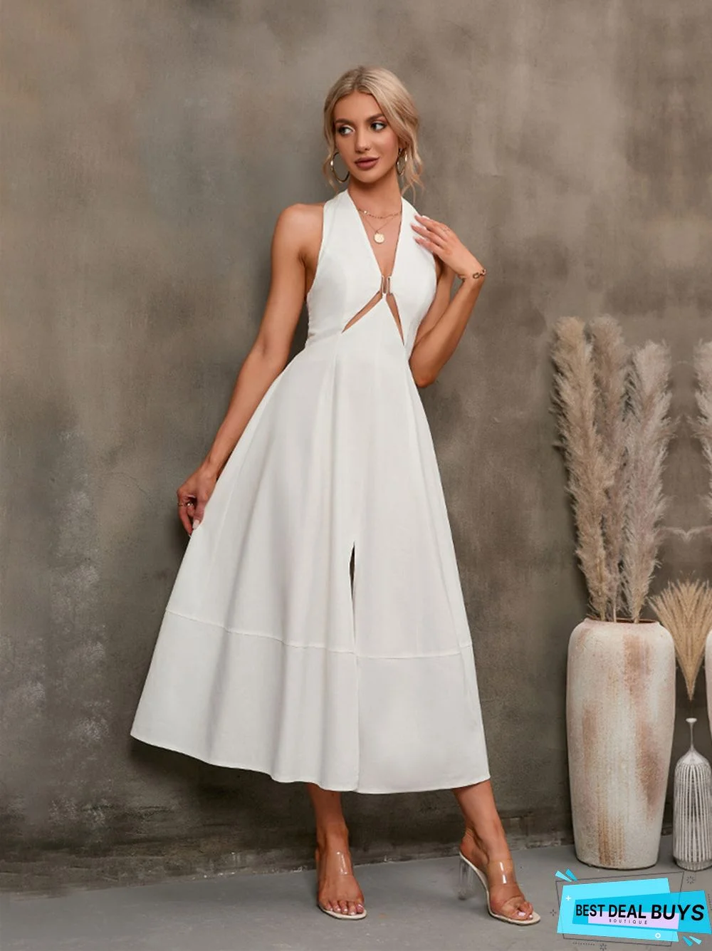 Solid Color Backless Sleeveless Wrap Long Dress