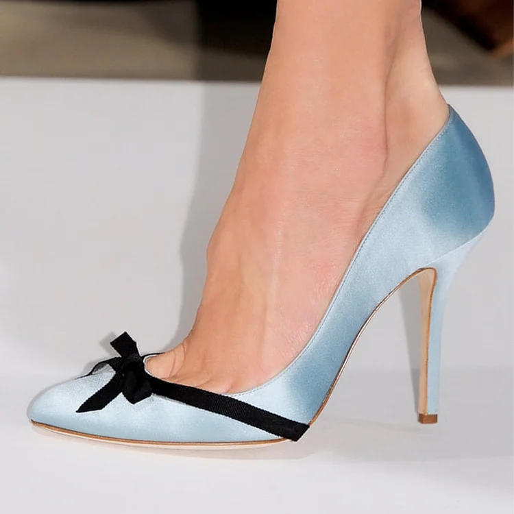 Blue Satin Office Bow Stiletto Pump Shoes Vdcoo