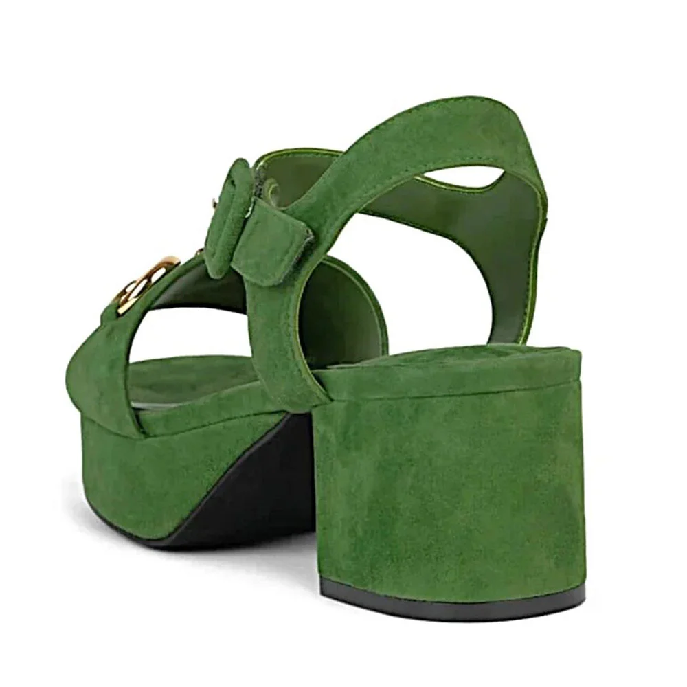 Green Round Toe Buckle Horsebit Ankle Strap Platform Sandals