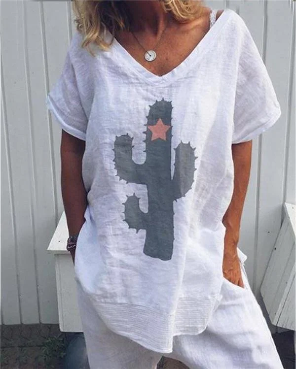 Casual V Neck Printed Short Sleeve T-shirts Tops Color