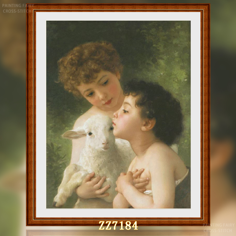 [ZZ7184-Oil Painting Children Next to Lamb]  Painting Fairy Cross Stitch