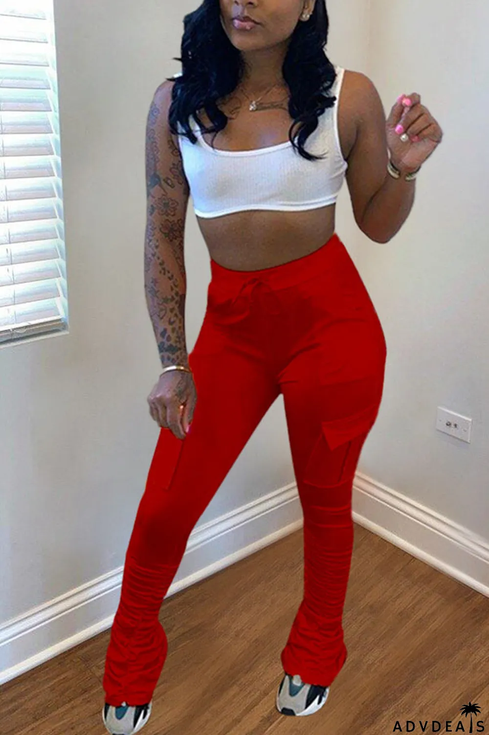 Orange Drawstring High Solid Pocket Draped Boot Cut Pants Bottoms