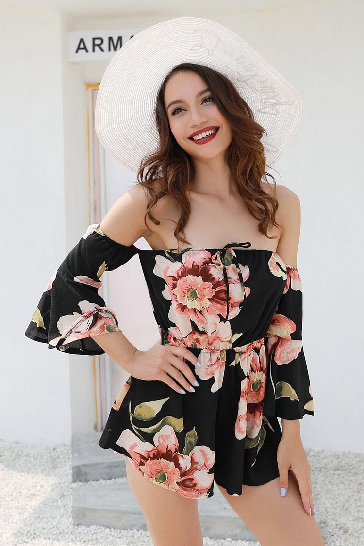 Flower Print Off-the-shoulder Backless Romper With Trumpet Sleeves - Chicaggo