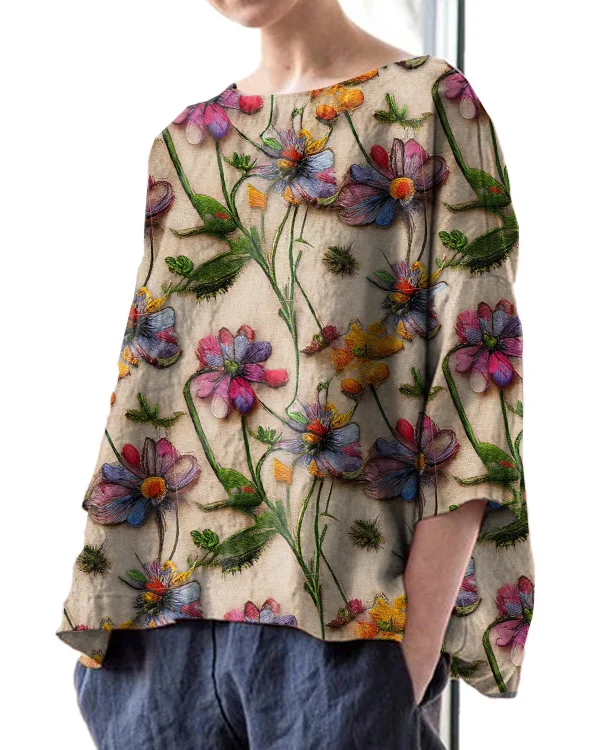 Vintage Floral Embroidery Print Crew Neck Linen Loose Top