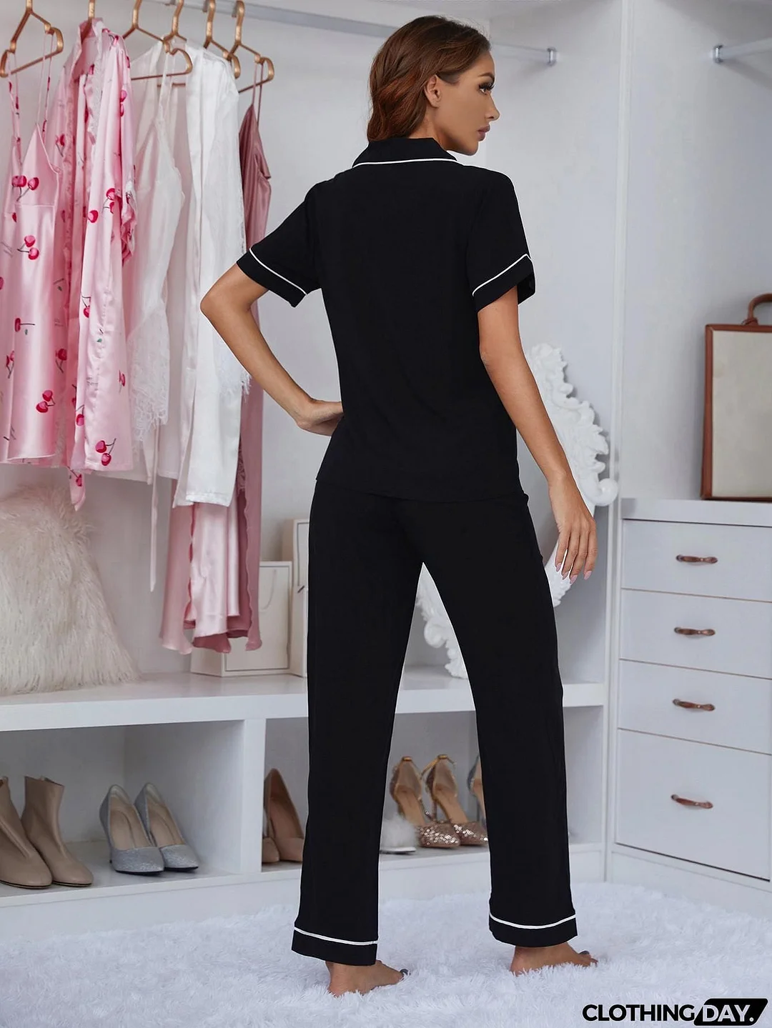 Contrast Piping Lapel Collar Short Sleeve Top and Pants Pajama Set