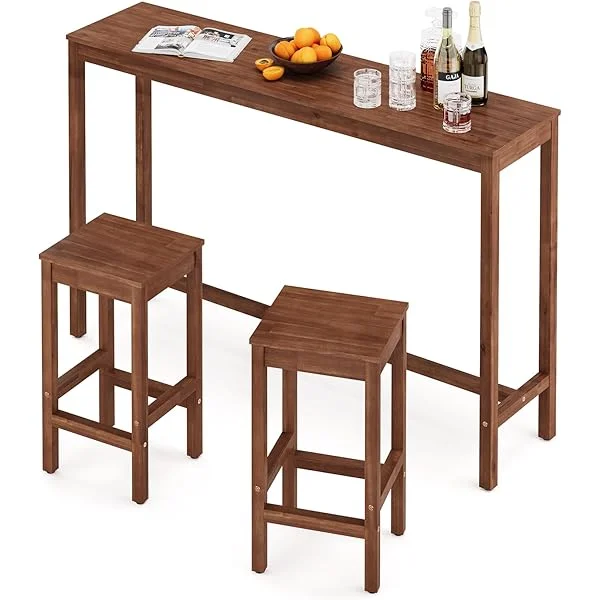 38 inch Bar Table and Chairs Set, Acacia Wood Pub Table with 2 Stools, Rectangular Counter Height Table Set for Dining Room, Kitchen, Living Room, Teak Brown 38 Inch Teak Brown