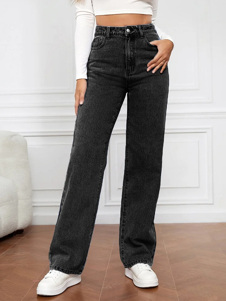 Casual Plain Slant Pocket High Waist Straight Leg Denim Jeans