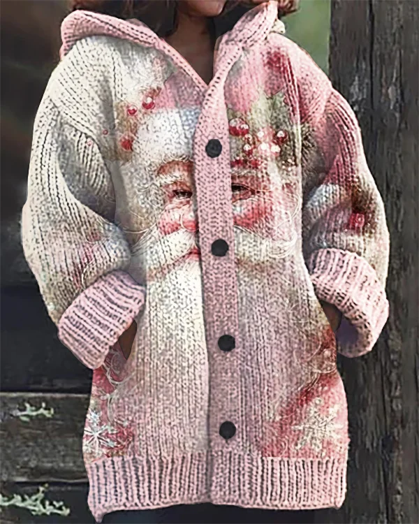 Vintage Pink Christmas Santa Print Hooded Cardigan