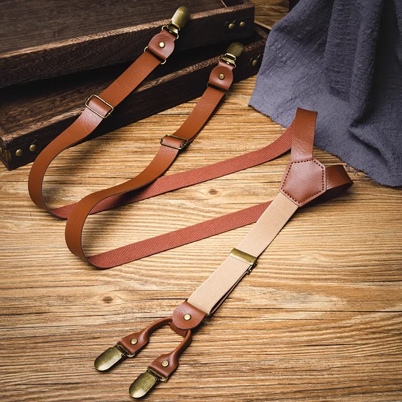 Retro Men'S Leather Strap Clip Y-Shaped Suspenders