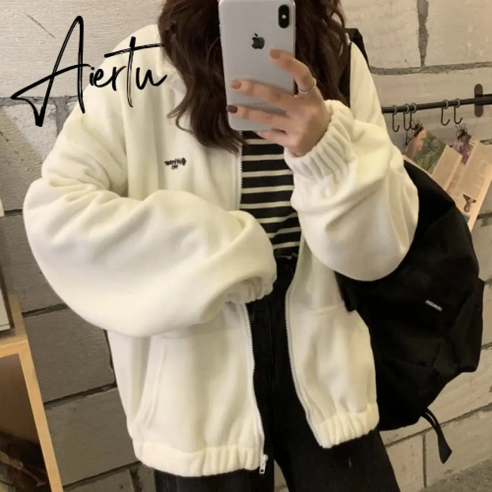 Hoodies Women Zip-up Turn-down Collar Printed Pocket Long Sleeve Korean Style New Trendy Casual BF Ulzzang Harajuku Womens Daily Aiertu