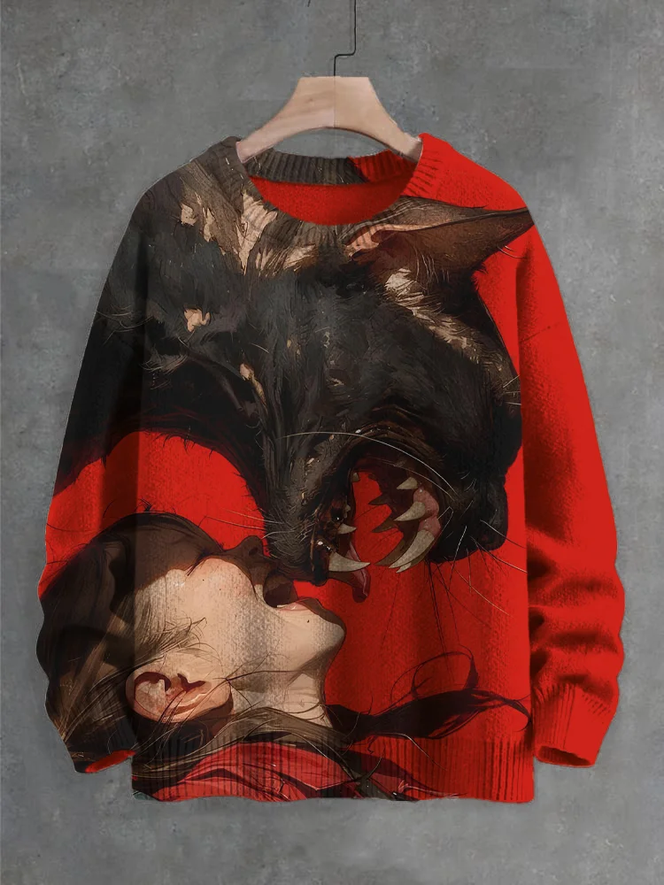 Men's Black Cat And Little Girl Are Very Happy Art Print Knit Sweatshirt