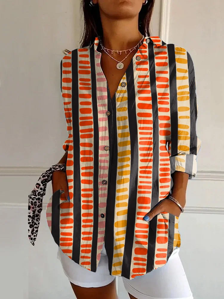 Vintage Colorful Striped Abstract Art PrintCasual Long-sleeved Shirt