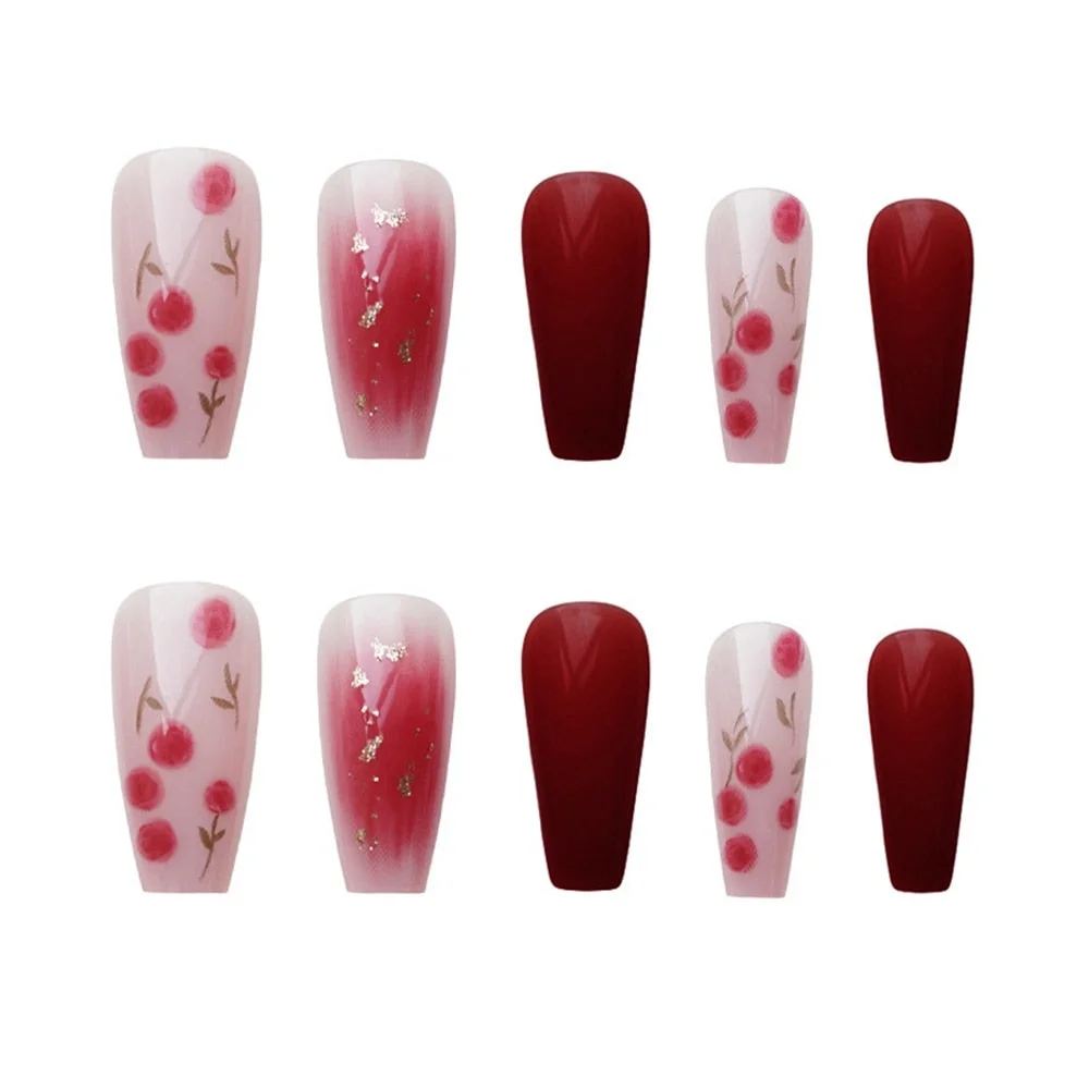 24pcs Rose halo dyed blush Fake Nails Full cover Fake Nails Glue DIY Manicure Nail Art Tools French Ballerina Coffin False Nails