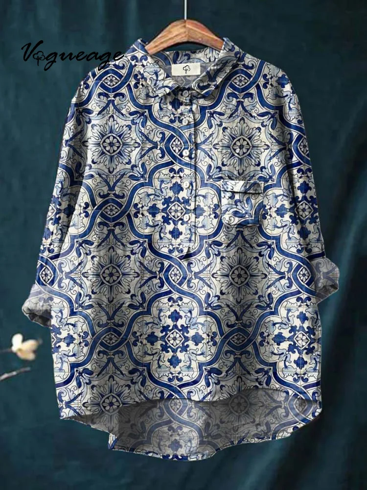 Elegant Blue And White Porcelain Line Flowers Print Cotton And Linen Shirt