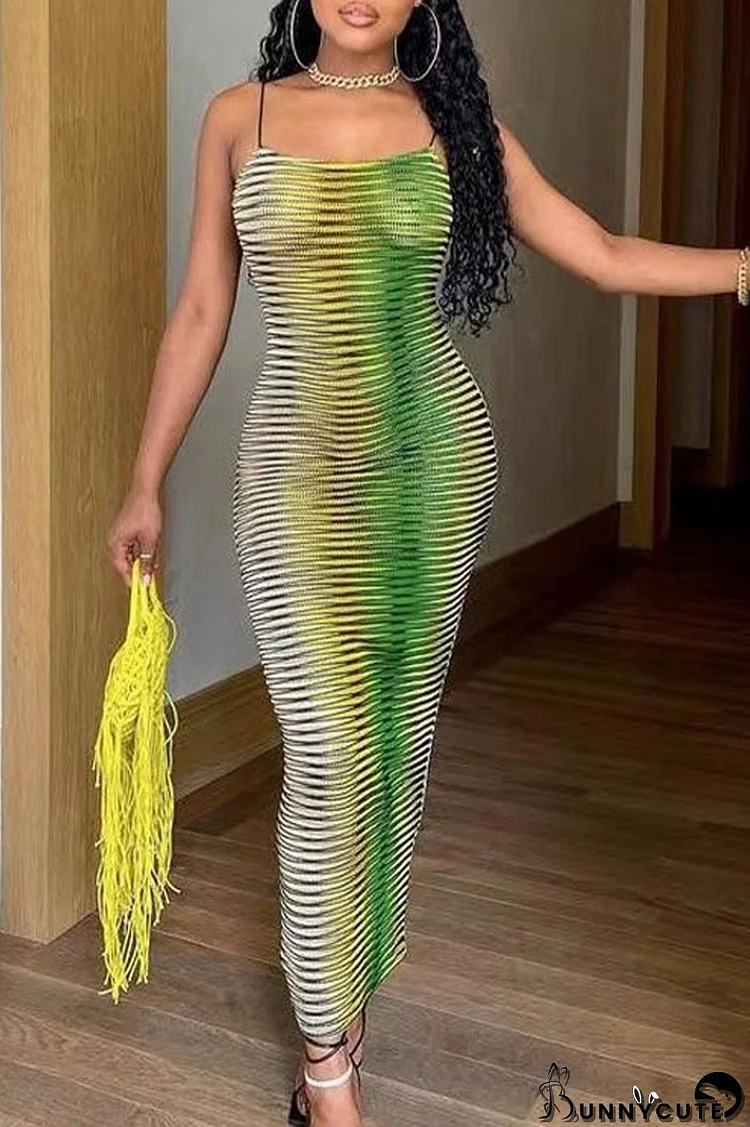 Green Sexy Celebrities Gradual Change Printing Spaghetti Strap Sheath Dresses