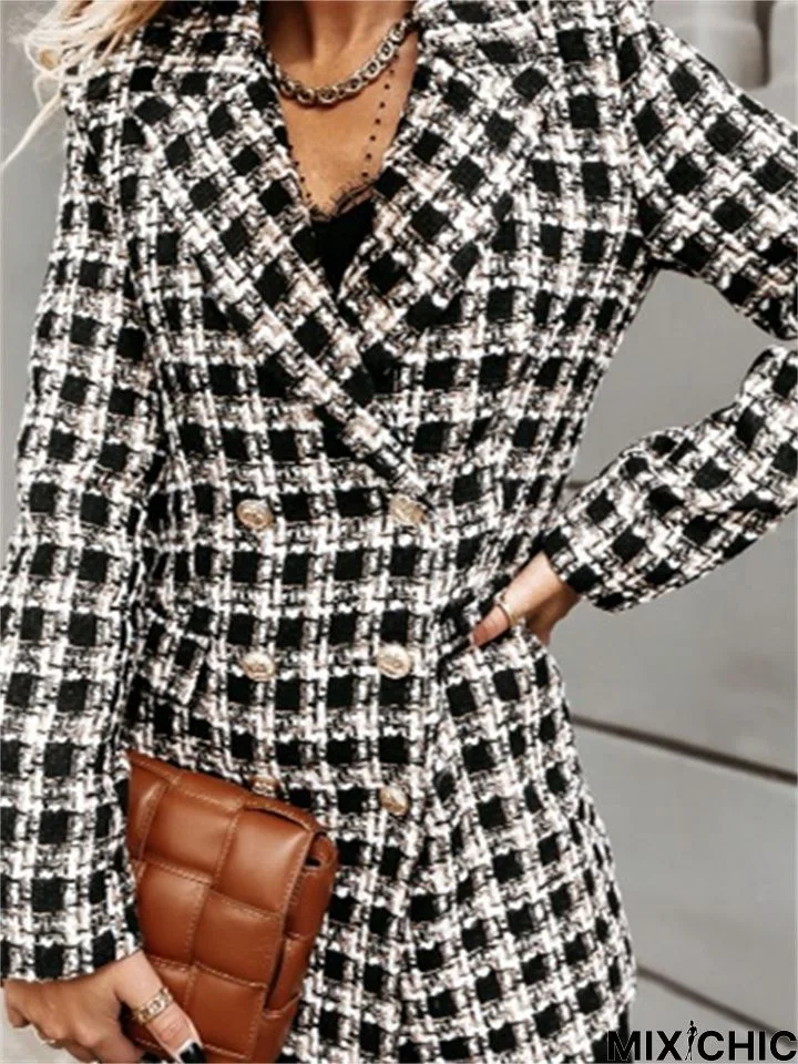 Plaid Suit Collar Double Row Button Woolen Coat