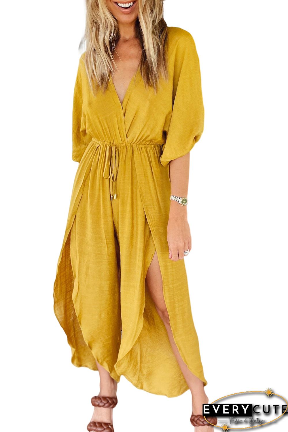 Yellow Surplice V Neck Half Sleeves Slit Leg Jumpsuit