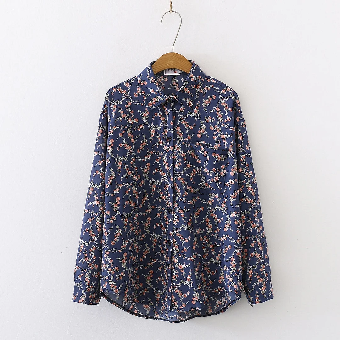 Spring New Women Vintage Loose Letter Floral Shirt Long Sleeve Button Up Chiffon Blouse Turn-Down Collar Autumn Casual Tops T094