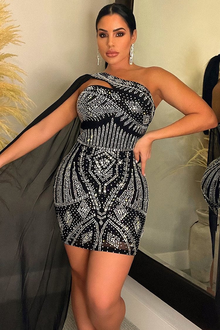 One Shoulder Sash Rhinestone Irregular Evening Party Mini Dresses