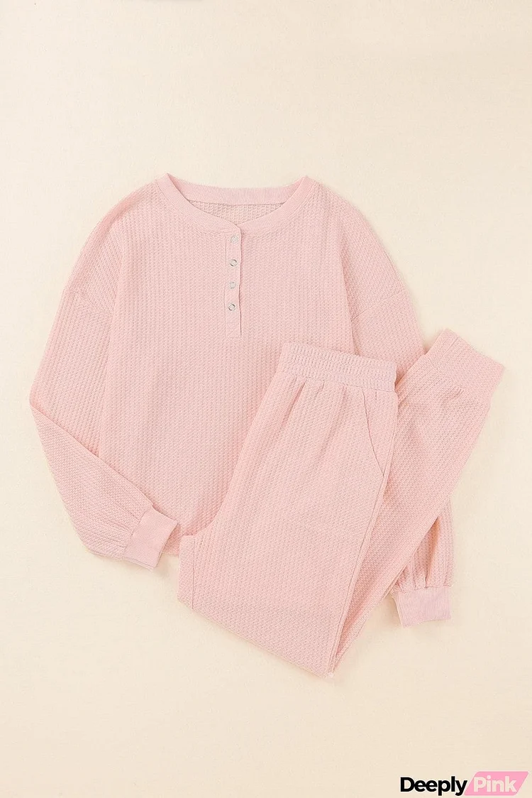 Quarter Snap Waffle Knit Long Sleeve Lounge Set