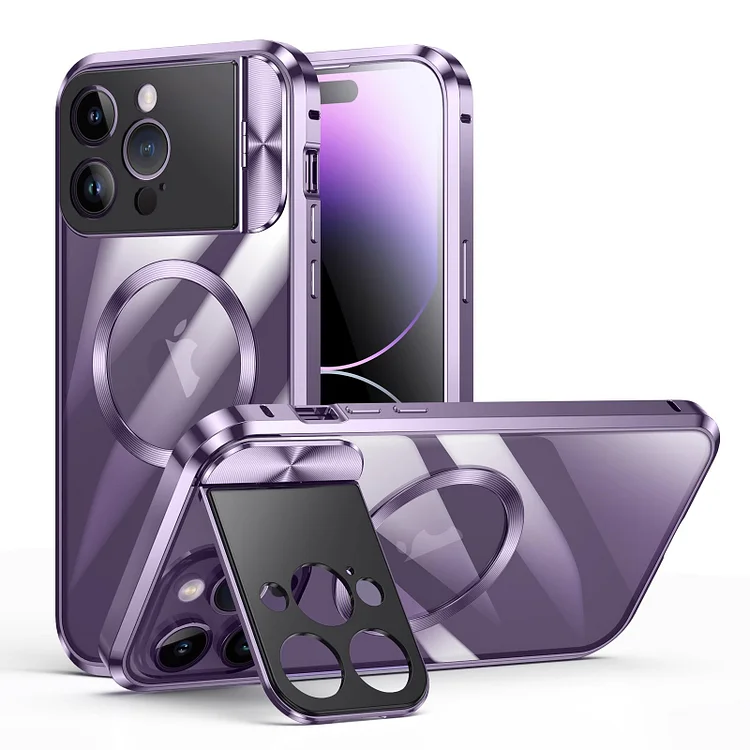 Najnowsza przezroczysta metalowa obudowa HD z dużym składanym uchwytem magnetycznym do kamery okiennej do iPhone 13/14/15