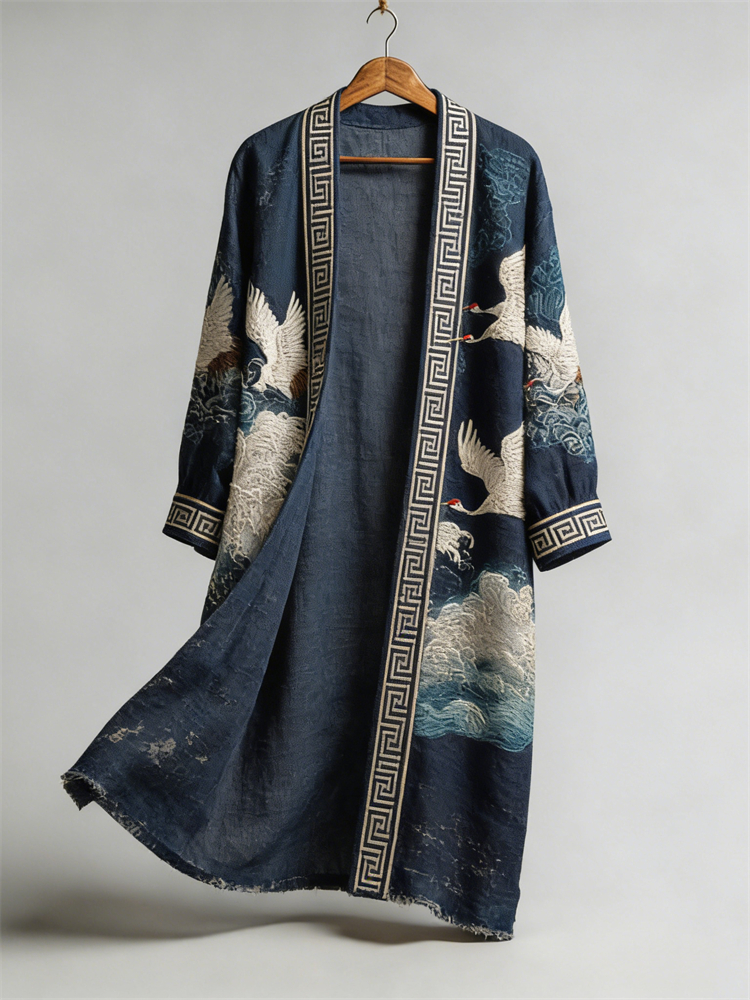 Cranes & Sea Waves Japanese Art Flowy Linen Long Kimono  artssus