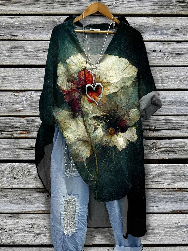 Women's Retro Flowers Painting Art Print Casual Cotton And Linen Shirtdress
