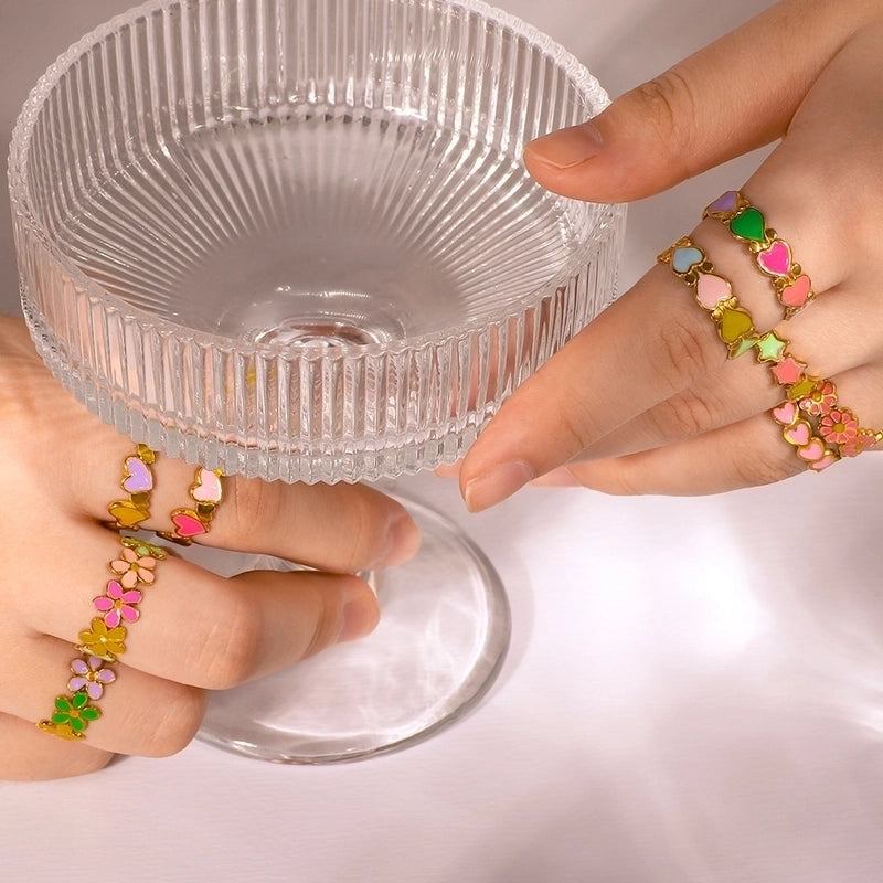 Retro IG Style Heart Shape Flower Titanium Steel Enamel Plating Stainless Steel Rings