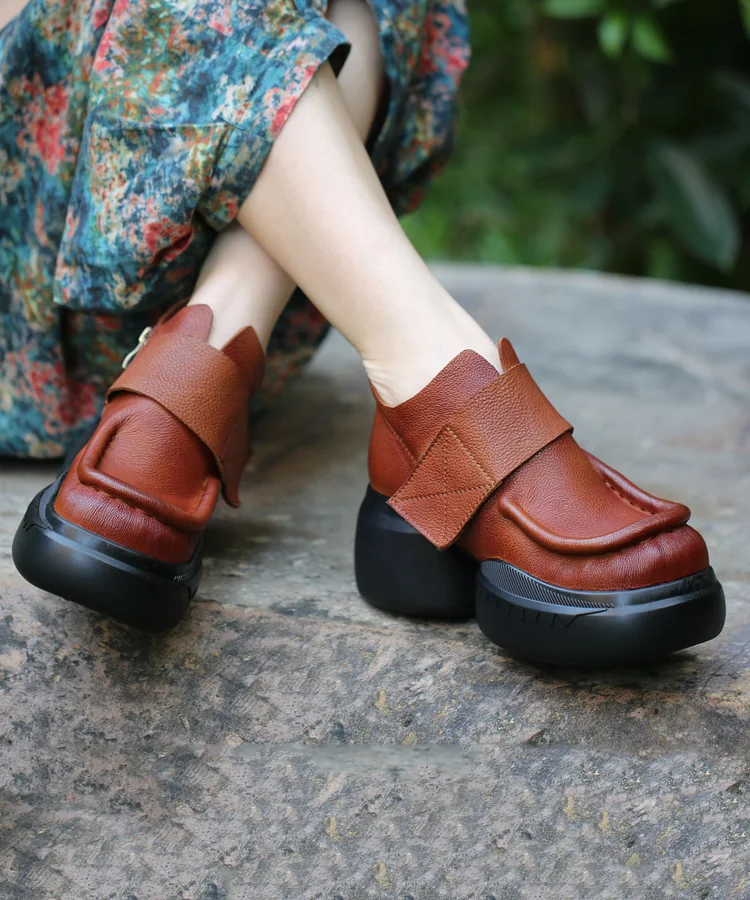 Handmade Brown Cowhide Leather Loafers For Women Splicing Loafers Boots