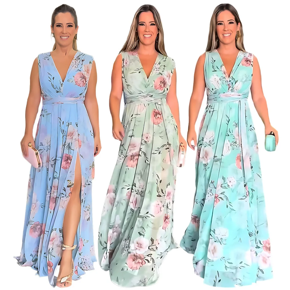 Elegant Chiffon Sleeveless Summer Print Slit Dress | IFYHOME