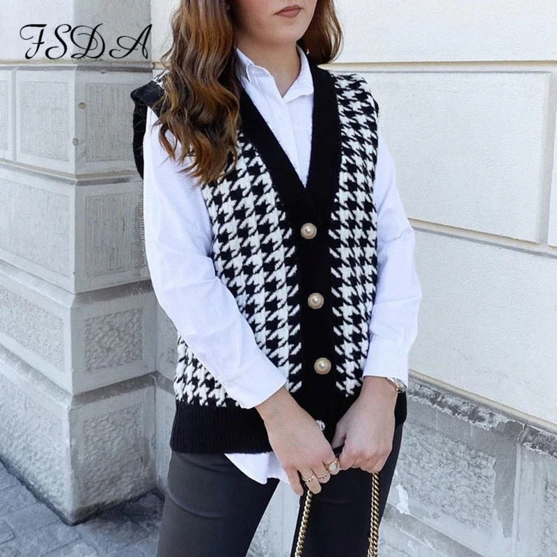 V Neck Houndstooth Vest Cardigan 2022 Black Sleeveless Sweater Women Loose 2022 Autumn Winter Knitted Casual Fashion Jumper