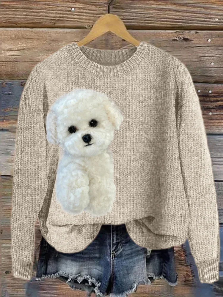 Fluffy Bichon Dog Plush Cozy Knit Sweater