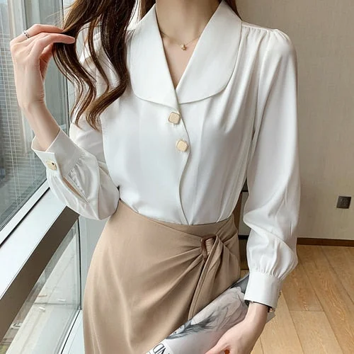 Autumn Women V-Neck Chiffon Blouse Shirt Women Tops Long Sleeve Blouse Women Blusas Mujer De Moda 2021 Blouses Femme Shirts F172