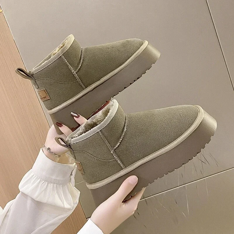 Zhungei Women Short Plush Warm Snow Boots Casual Shoes 2023 New Suede Fur Chelsea Ankle Boots Flats Platform Ladies Shoes Botas