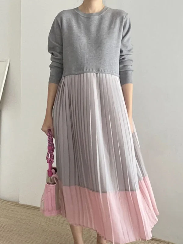 Loose Contrast Panel Pleated Long Dress