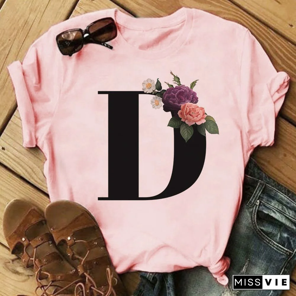 26 Letter Alphabet A-Z Women T-Shirts Fashion Breathable Flowers Short Sleeve Casual Tops Couple Basic Tee Crew Neck Clothes Top