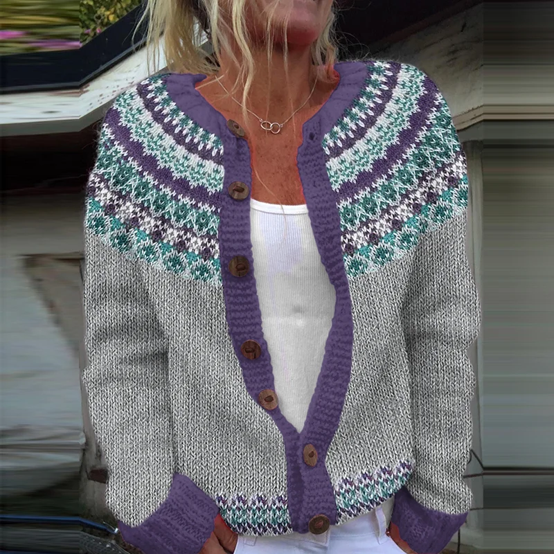 Vintage Purple Geometry Contrast Jacquard Cozy Sweater