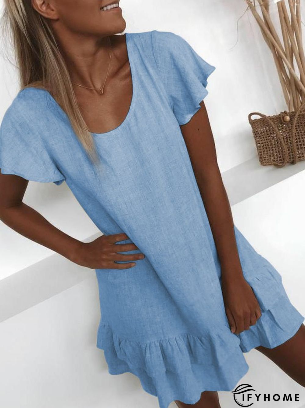 zolucky Plus Size Casual U-Neck Solid Short Sleeve Mini Weaving Dress | IFYHOME