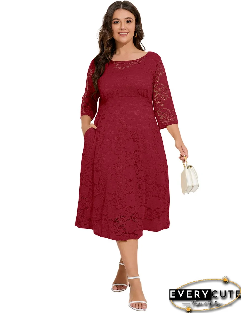 Red Hollow-out Pocketed Lace Plus Size Dress