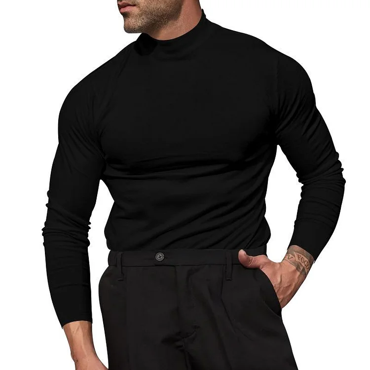 Men's Solid Color Short High Collar Long Sleeve Slim T-shirt