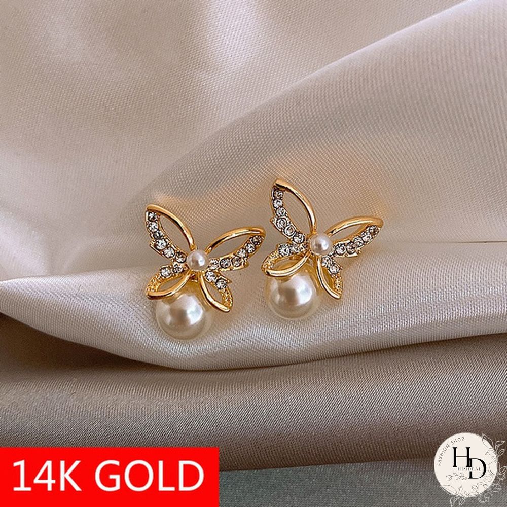 1 Pair Fashion Exquisite Women's 14K Yellow Gold Butterfly White Sapphire Diamond Stud Earrings White Pearl Stud Earrings for Wedding Engagement Party Jewelry Gifts