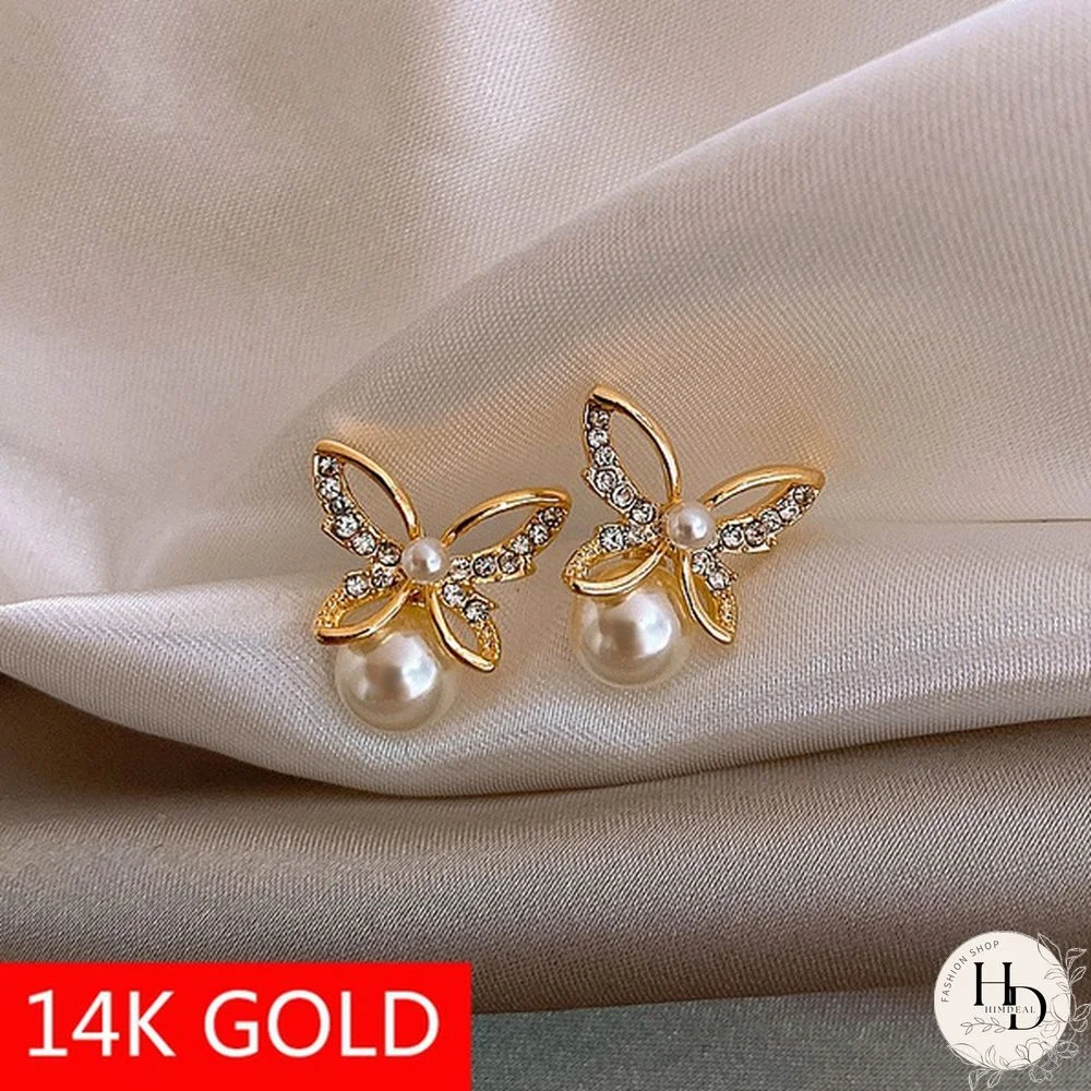 1 Pair Fashion Exquisite Women's 14K Yellow Gold Butterfly White Sapphire Diamond Stud Earrings White Pearl Stud Earrings for Wedding Engagement Party Jewelry Gifts