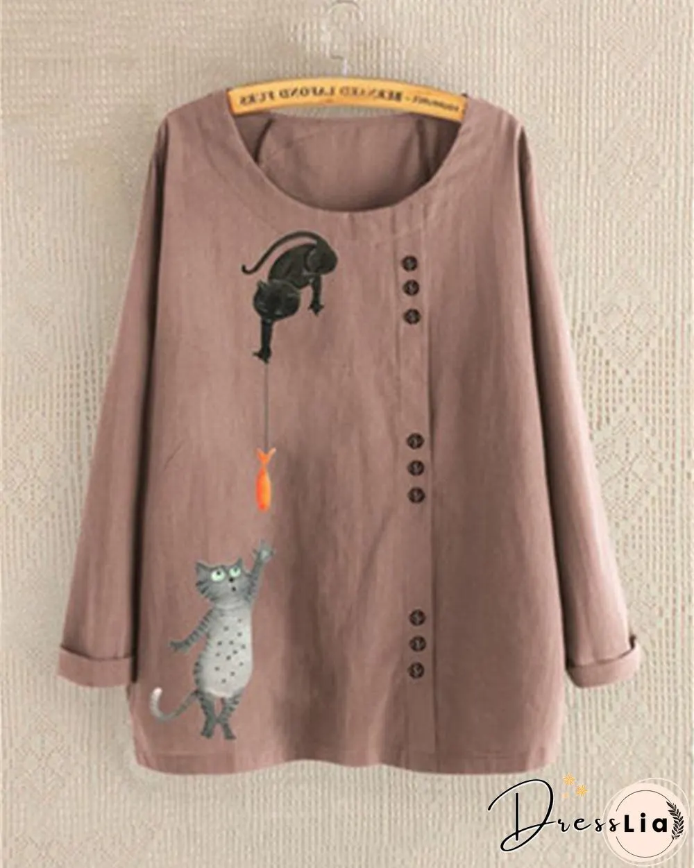 Round Neck Long Sleeve Cartoon Printed Blouses Tops