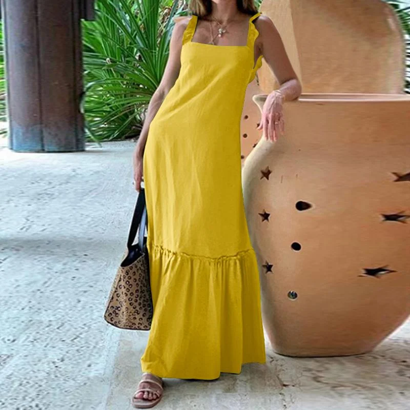 Celmia 2021 Summer Maxi Dress Women's Spaghetti Straps Sexy Holiday Sundress Casual Solid Color Ruffles Party Beach Vestidos