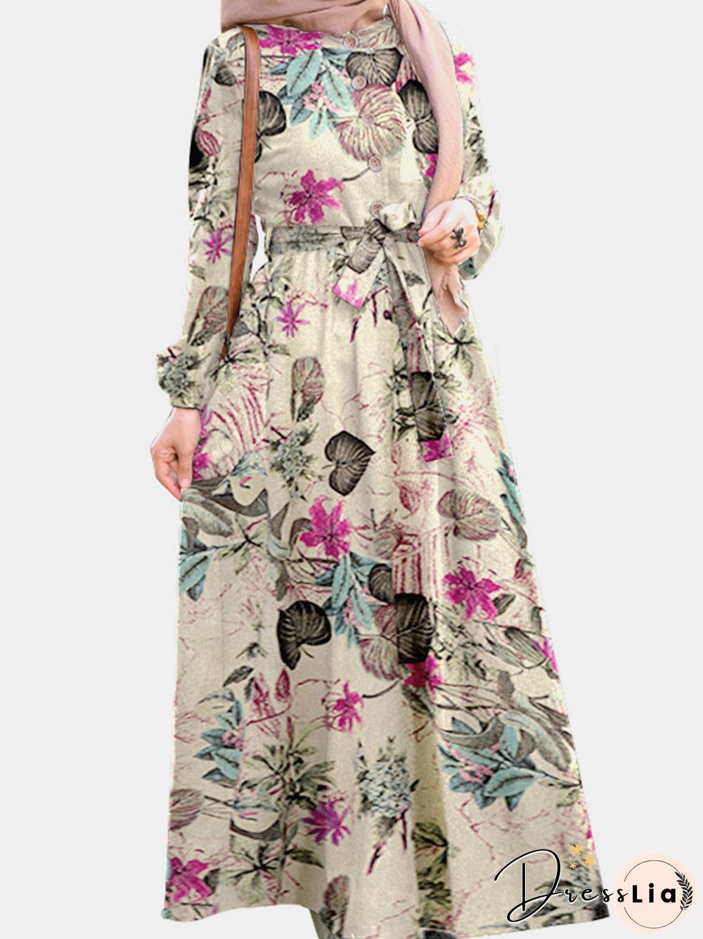 Vintage Flower Puff Sleeves O-neck Maxi Dress With Side Pocket