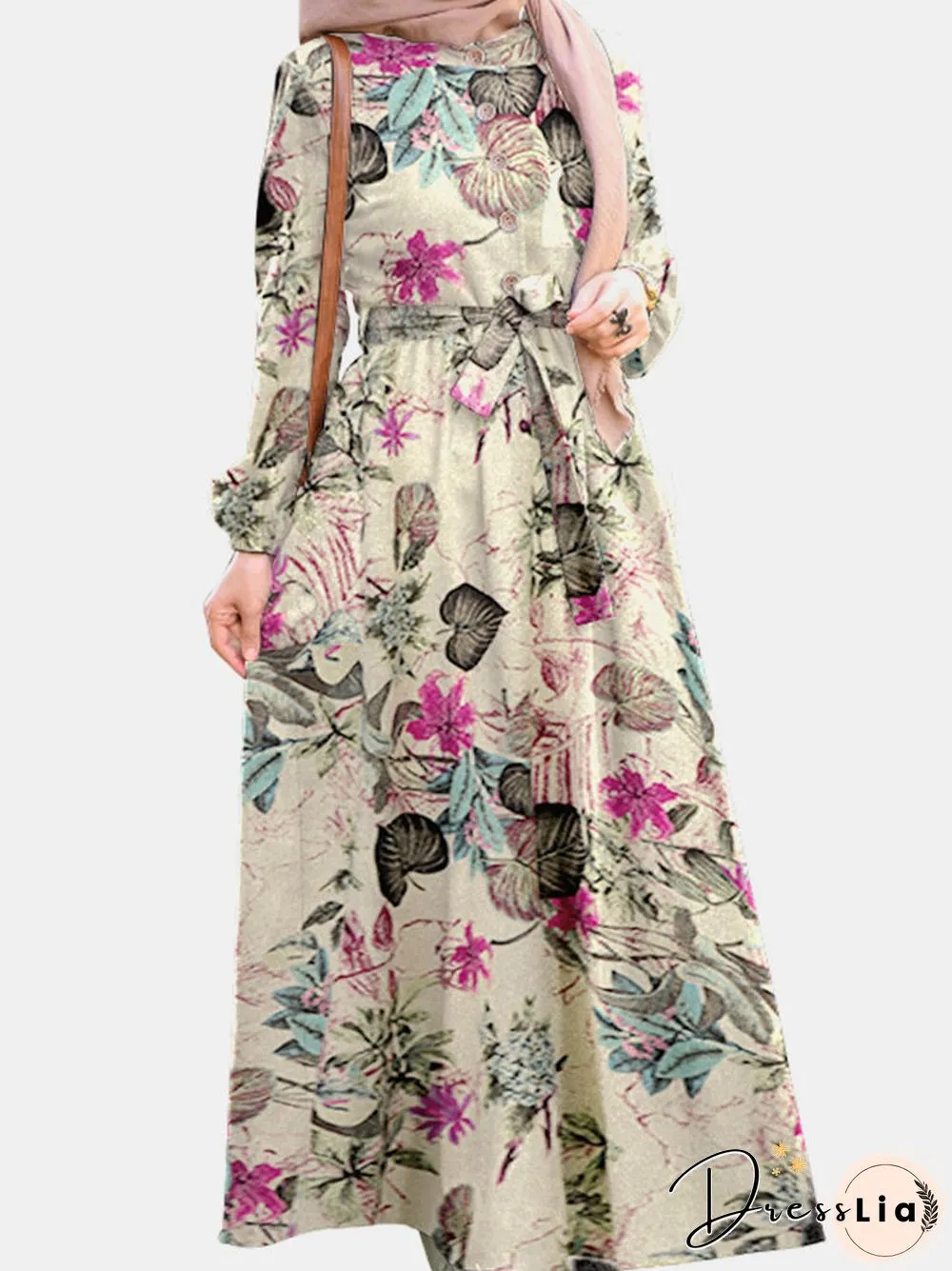 Vintage Flower Puff Sleeves O-neck Maxi Dress With Side Pocket
