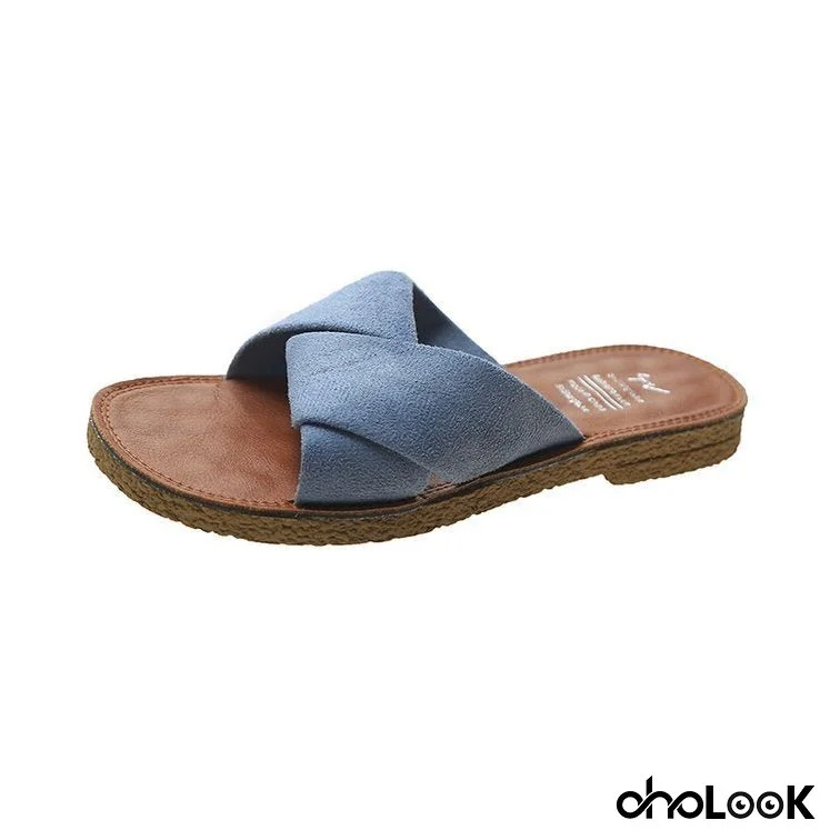 Summer Outerwear Flat Bottomed Cross Over Women's Slippers with One Line Suede Surface