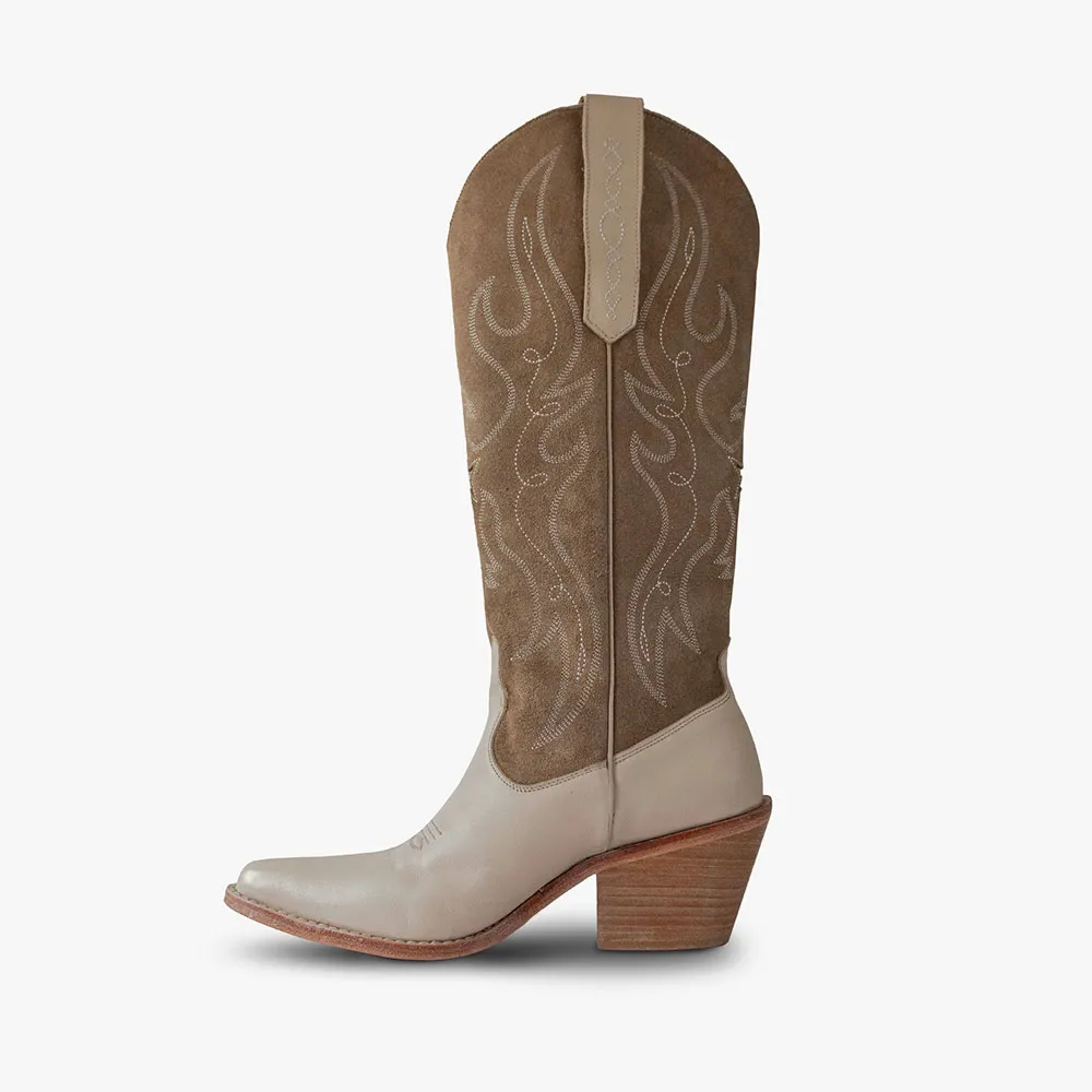 Taupe Block Heel Embroidered Knee High Snip Toe Cowboy Boots for Women